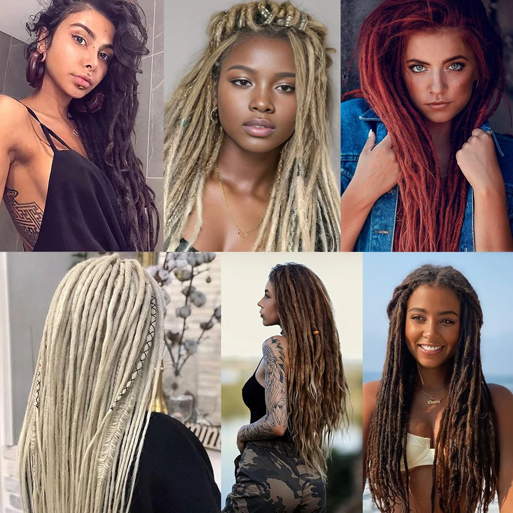 10 Strands บางสังเคราะห์ Dreads Extensions 24 นิ้ว Ombre สีบลอนด์ SE Hippie Dreadlock 0.6 ซม.ความกว้าง Loc Extensions Handmade