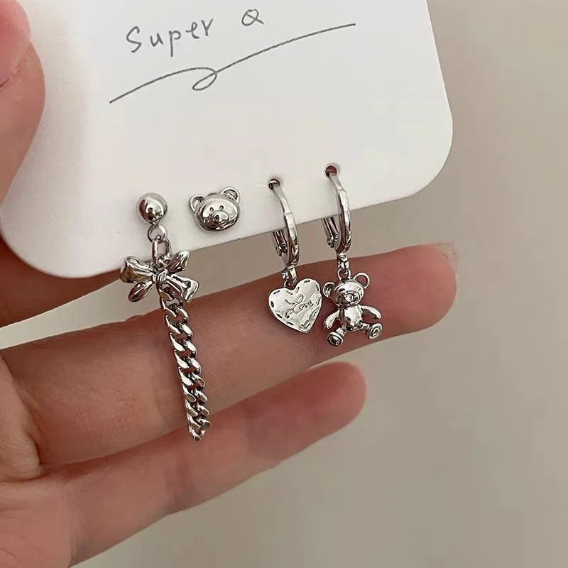 Sweet Cool Girl Love Bear Chain Earrings Set S925 Silver Needle Charm Drops Earrings Female Ins Personality Earrings Accessories