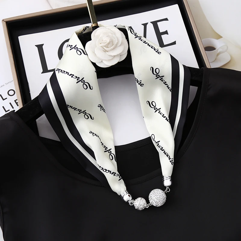 Ladies Spring Autumn Neck Decoration Rhinstones Ball Magnetic Snap Silk Scarf Letter Printed Small Neckerchief