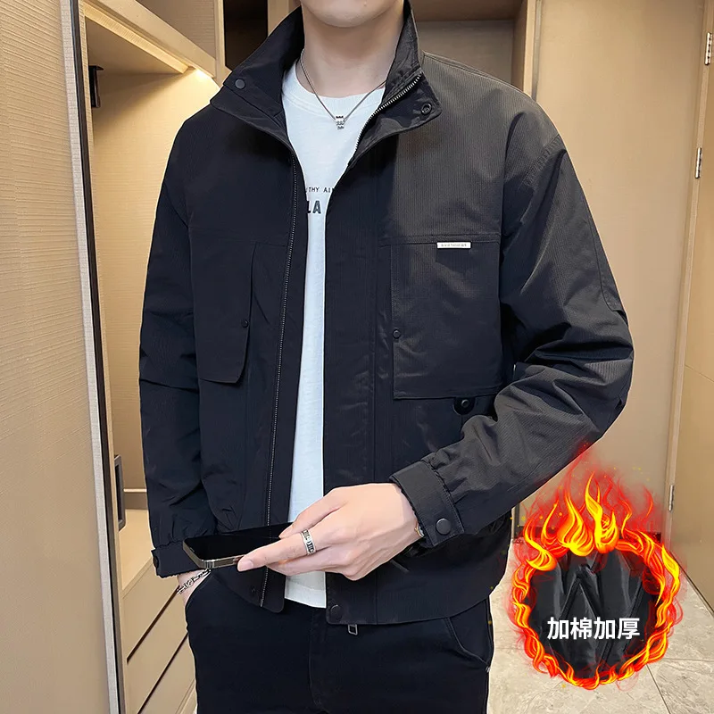 Осенне-зимняя мужская стеганая куртка с воротником-стойкой и несколькими карманами, трендовая ветрозащитная плотная теплая куртка-пуховик