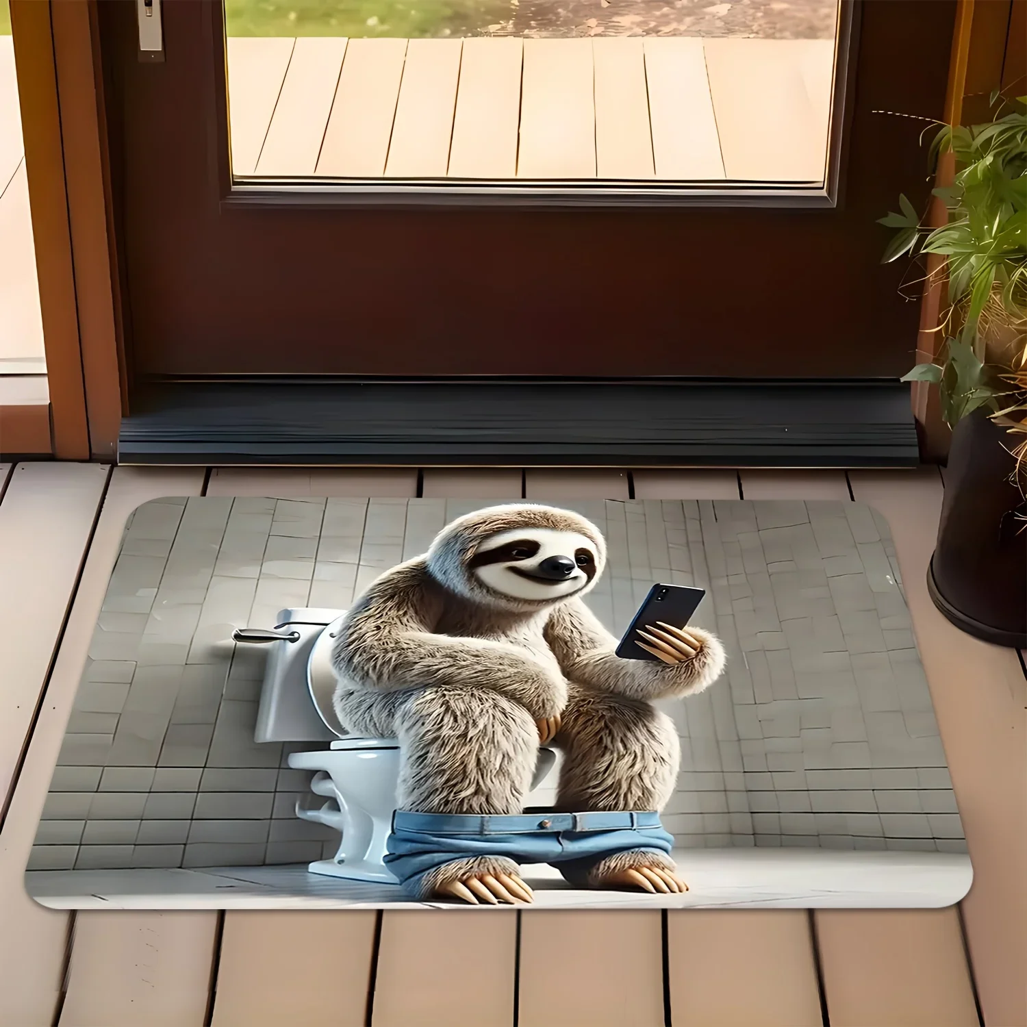Funny Sloth On Toilet Phone Print Doormat Soft Non Slip Flannel Washable Farmhouse Style Rug For Kitchen Bathroom Hallway Decor