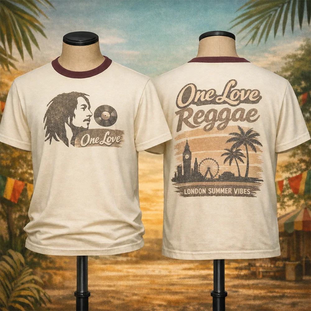 One Love Reggae Eltern-Kind Unisex T-Shirt im Vintage Bob Marley Stil London Summer Vibes Atmungsaktives Ringer-Kurzarm-Outfit – Detail 3