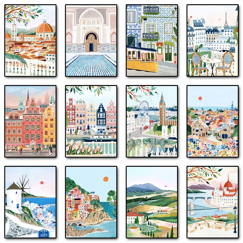 World Travel City Landscape Poster Print Greece Italy Florence Paris France Canvas Painting Wall Art Picture for Room Home De