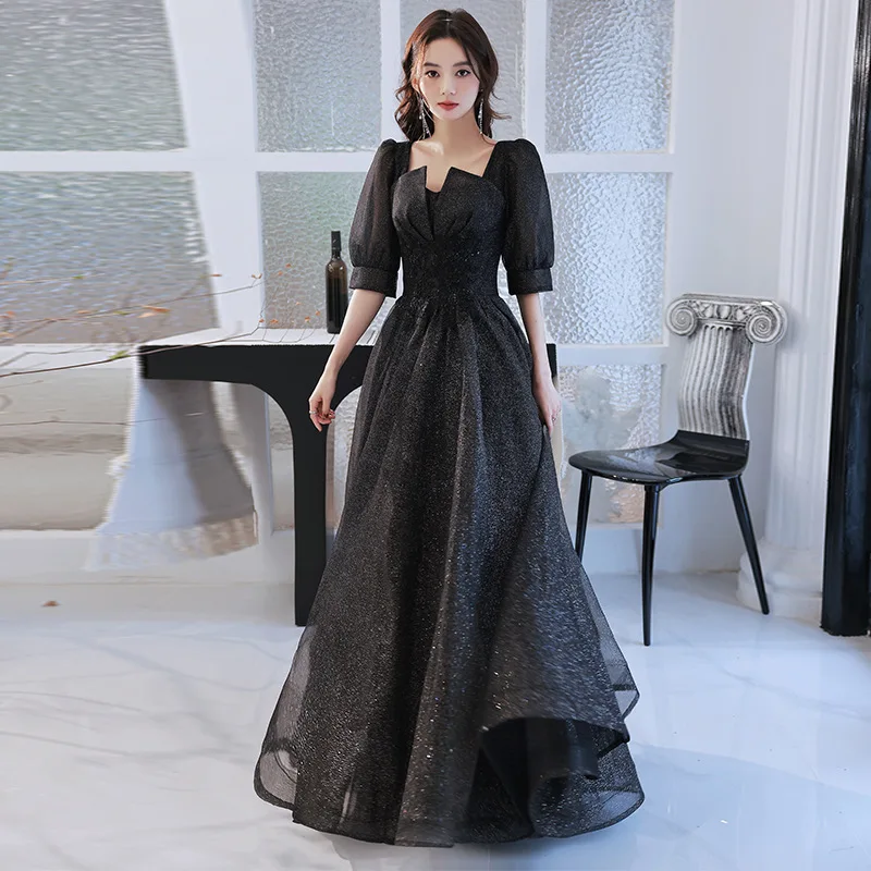 

Elegant Square Collar Puff Sleeve Sequins Chiffon Evening Dress Back Zipper Prom Gowns Cheongsam Robe De Soiree Vestidos