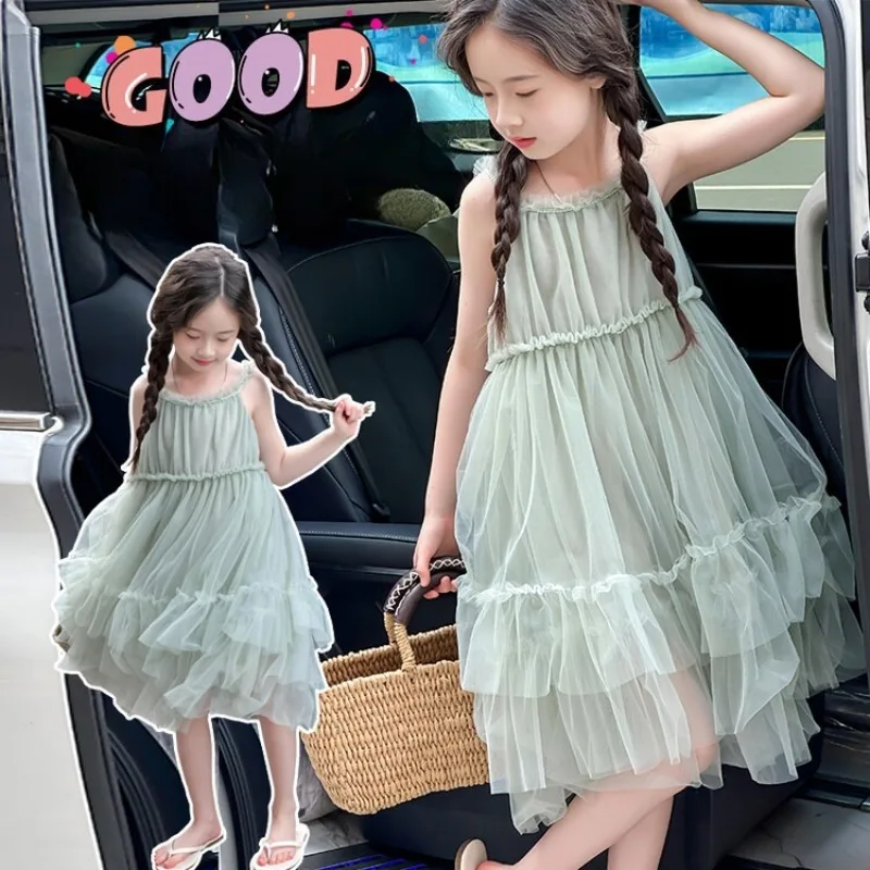 

Girls Sling Dress Kids Lace Halt Up Vest Sundress Children Ivory Color Causal Beach Holiday Clothing 2025 Summer New