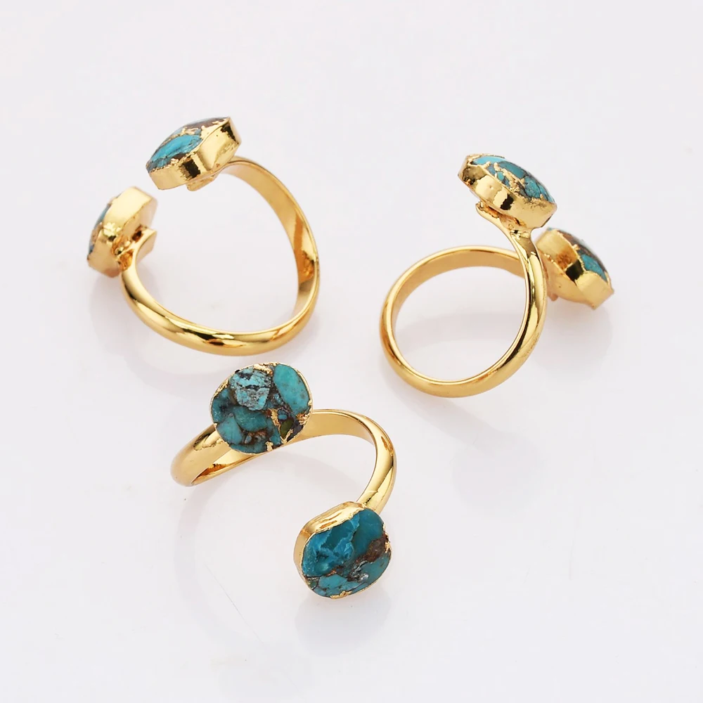 BOROSA Golden Color Druzy Natural Blue Stone Open Ring Fashion Copper Turquoise Adjustable Rings for Women Wedding Jewelry Gifts