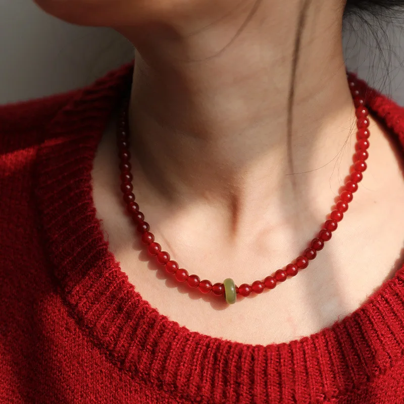 Red Agate Necklace Hetian Jade Running Ring Beaded Red Zodiac Year Women's Niche Style National Style Double Circle Bracelet