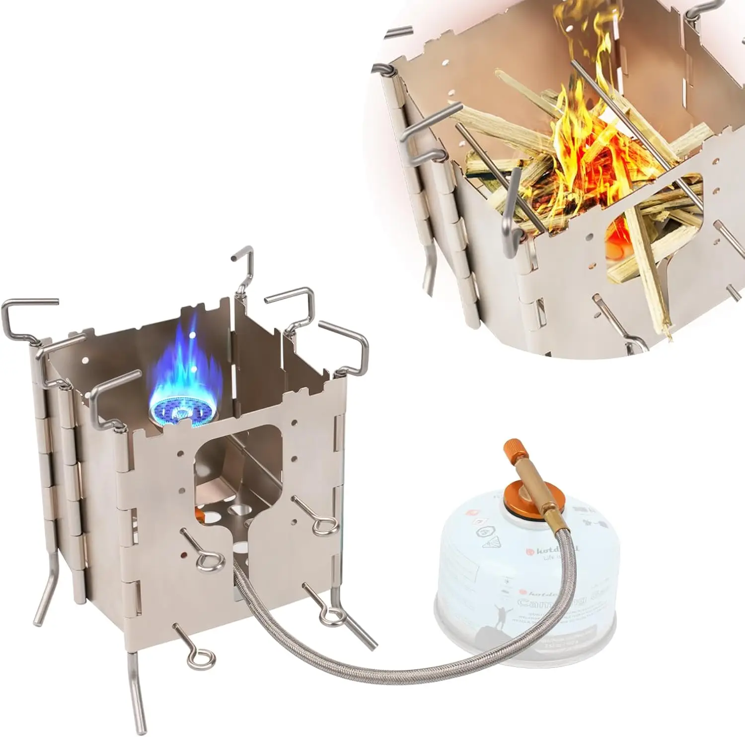 Estufa individual Estufa de mochilero plegable totalmente de combustible de acero inoxidable, fogón portátil de etanol y propano de butano para cocinar al aire libre