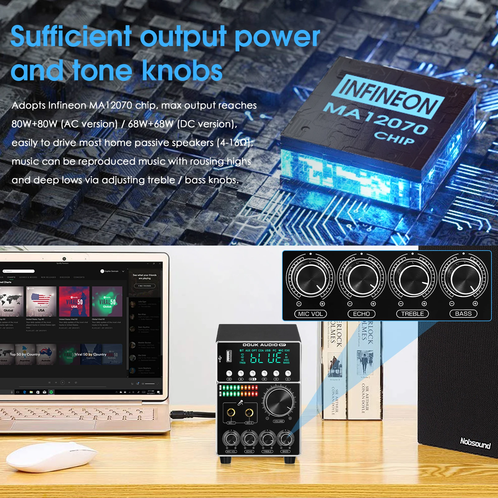 Усилитель звука Douk Audio M7 с двумя микрофонами, Bluetooth S/PDIF, для караоке, с управлением высокими и басами, с индикатором яркости, USB-плеер для дома и автомобиля