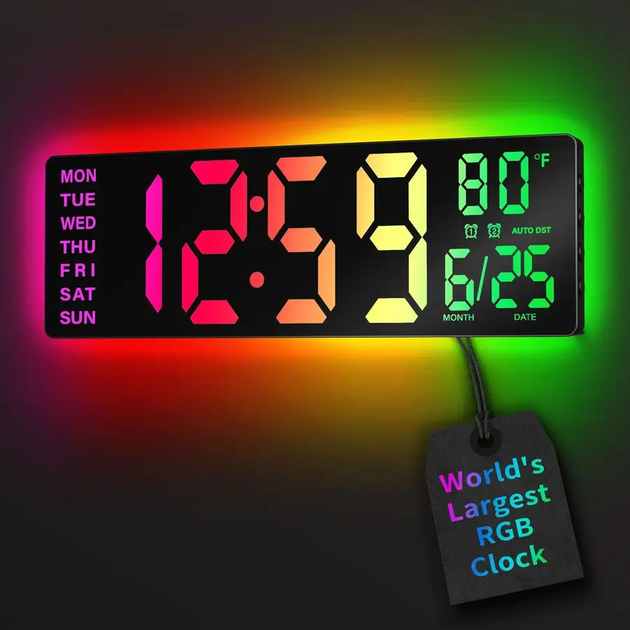 Relógio de Parede Digital Grande de 16,5 Polegadas com Sincronização BT, Luzes RGB com 11 Modos de Cena, Controle Remoto, Alarmes Duplos com Grande Display LED, Au