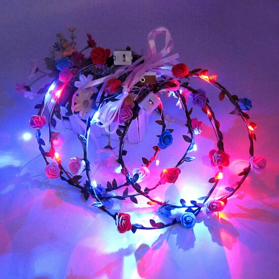 Flashing LED Tiara Headbands Boho Flowers Hairband Hawaii lei Headwear Glowing Head Wreaths for Girls Women Party Decor YH133