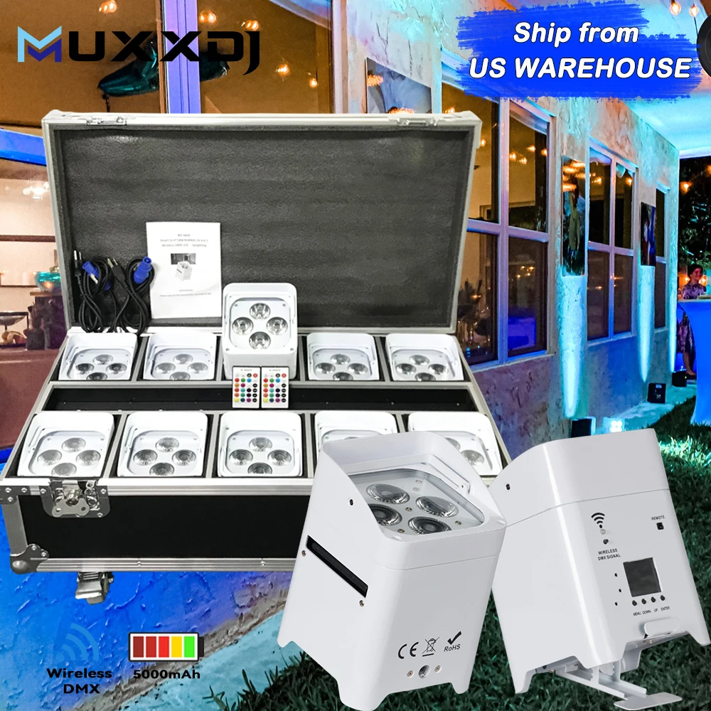 

US Warehouse 10pcs Smart DJ S4 Wireless DMX Battery Operated 4x18w LED Uplight Par Light Wedding Party Cyclorama Lights Charging