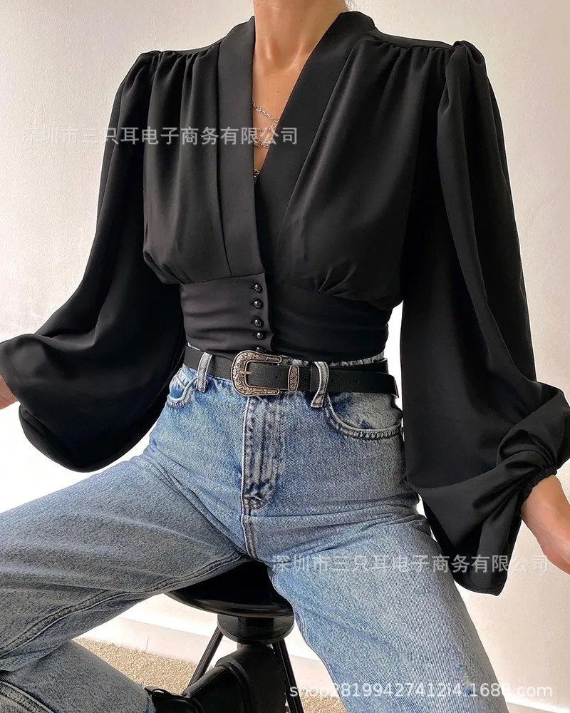 Women Sexy Wrap Deep V-Neck Blouse Vintage 1950s Lantern Long Sleeve Solid Color Buttons Up Slim Fit Cropped Shirts