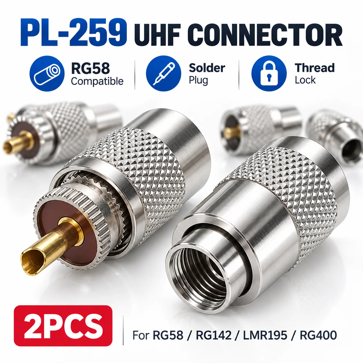 2PCS UHF Male PL259 Solder Plug RF Coaxial Connector for RG58 RG142 LMR195 RG400 Cable Ham Radio Antenna Transceiver Adapter Kit