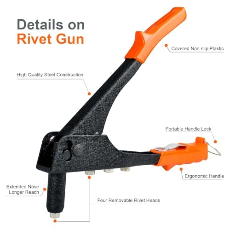 手動リベットガン、4サイズのリベット200個付き、自動車修理、鉄道保守、家具組み立て、機器製造用
