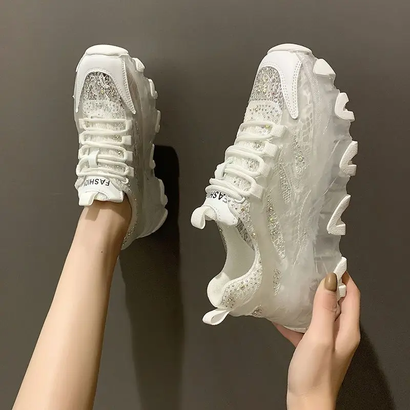 

Women's Crystal Sole Dad Shoes Ins Trendy 2025 Summer New Korean Style Mesh Breathable Versatile Thick Sole Casual Sneakers