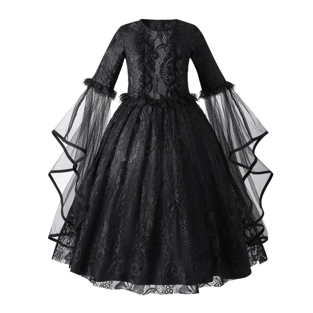 Schwarzes Spitzen-Hexen-Cosplay-Kleid-Set für Mädchen mit Kürbis-Bonbontasche für Halloween, Süßes oder Saures, Karneval, Geburtstagsfeier – Detail 3