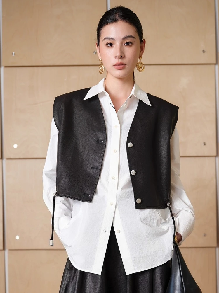 

Casual Cropped Genuine Leather Vest Jackets for Women Spring Autumn 2026 Simple V-neck Soft Black Sleeveless Real Sheepskin Coat