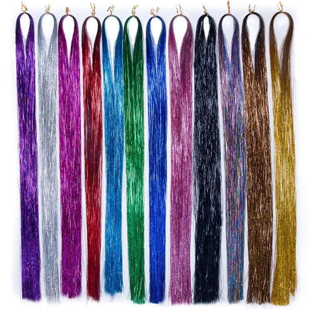 120cm 700Pcs Shiny Threads Glitter Hair Tinsel Kit Gold Silk Hair Glitter String Extensions Accessories for Women Headdress