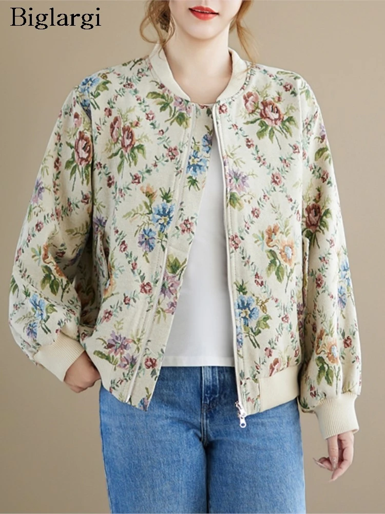 

Oversized Autumn Flower Print Bomber Jacket Coat Women Vintage Long Sleeve Ladies Jackets Coats Casual Loose Woman Jacket Coat