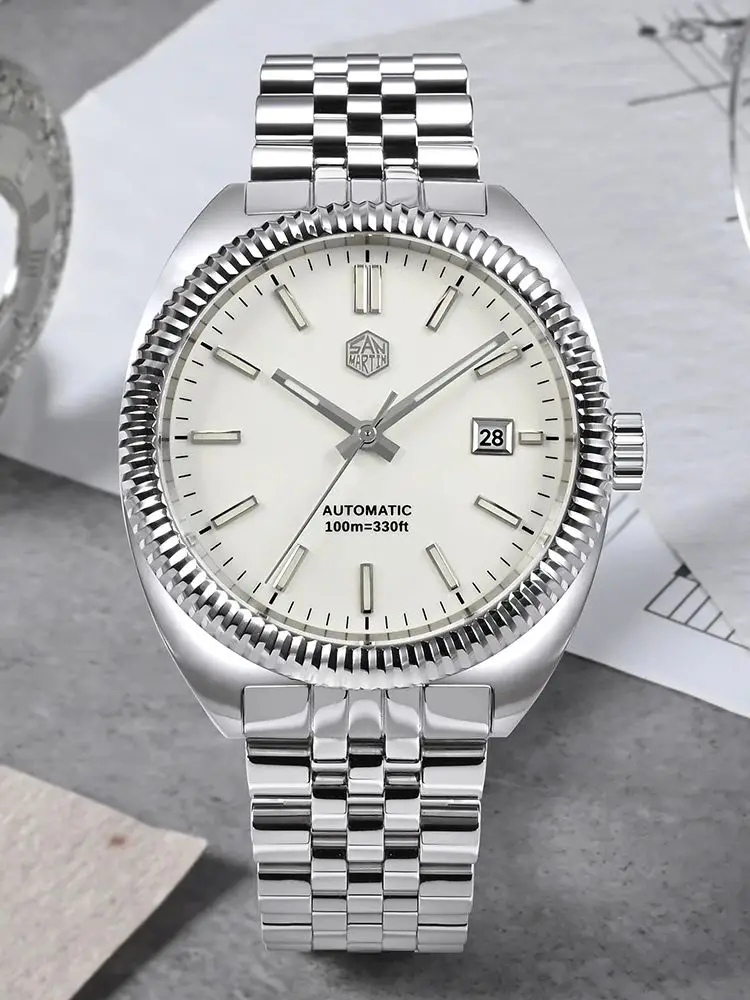 ซานมาร์ติน ออริจินัล 40 มม.ผู้ชายนาฬิกาอัตโนมัตินาฬิกาข้อมือวันที่ YN55 5-Link สร้อยข้อมือว่ายน้ำมงเตร SN0069