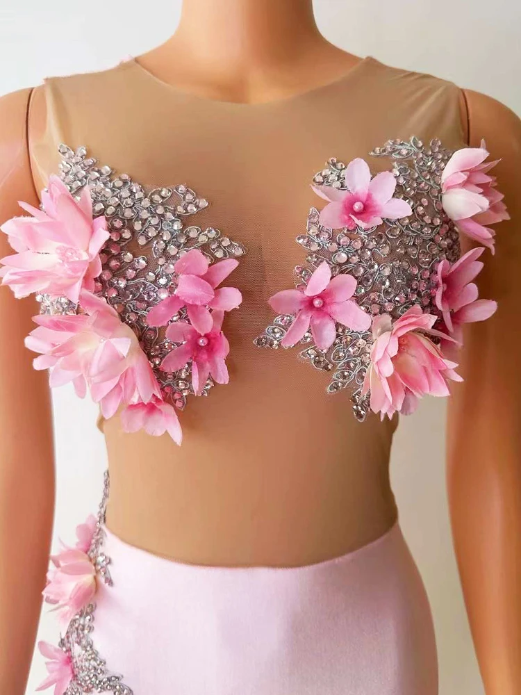 Fashion Pink Flowers See Through Mesh Women Jumpsuit Party Carnival Parade Bodysuit Photo Shoot Wear Stage Performance Costume