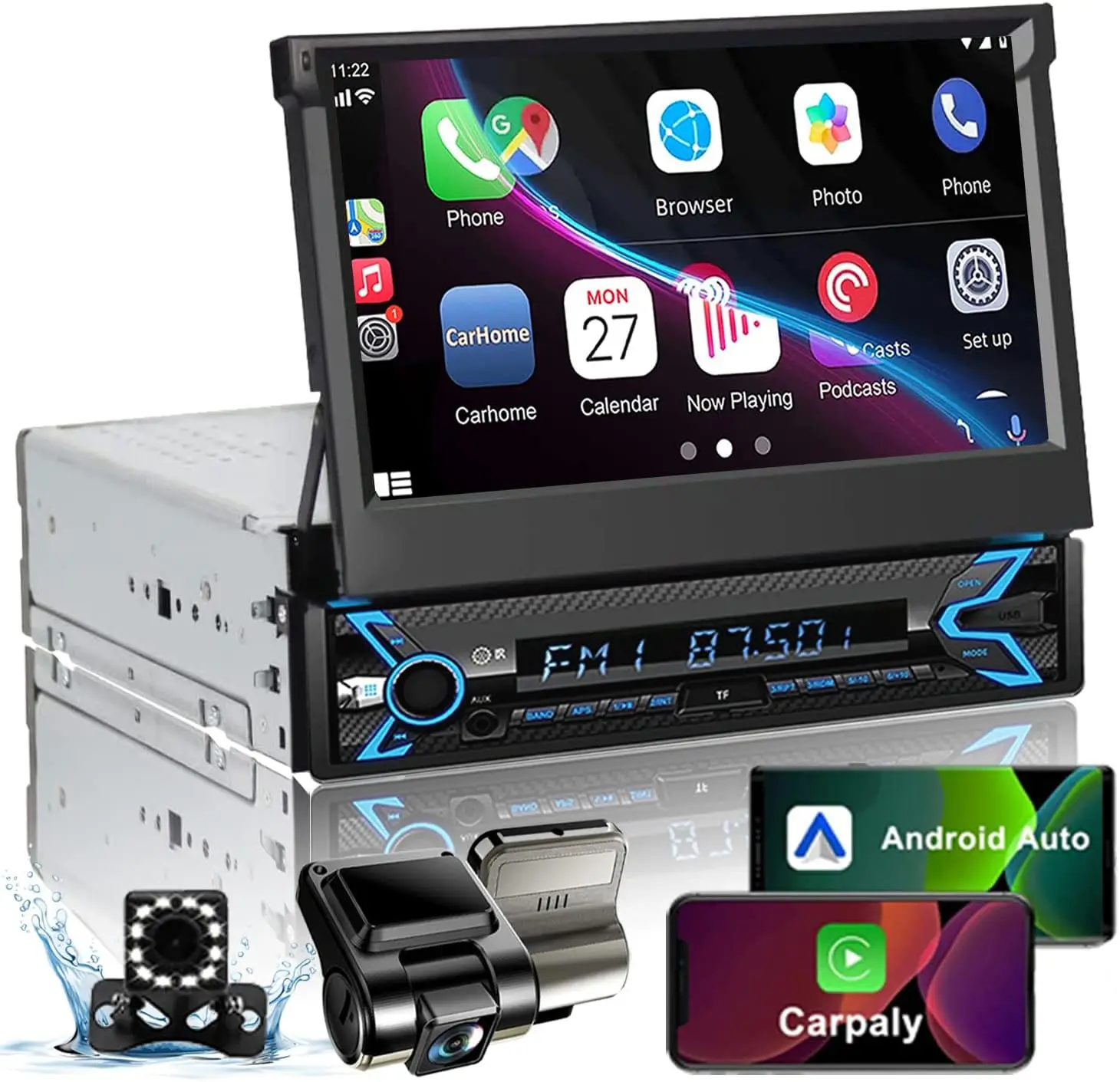 7INCH Flip Out Single Din Touchscreen Car Stereo with Apple Carplay & Android Auto, Car Audio Receivers Bluetooth Mirrorlink FM