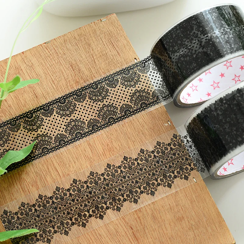 Transparent Black Openwork Lace Tape Masking Sticker Tape Vintage Hollow Adhesive Sticky Paper Tape scrapbooking DIY Decoration