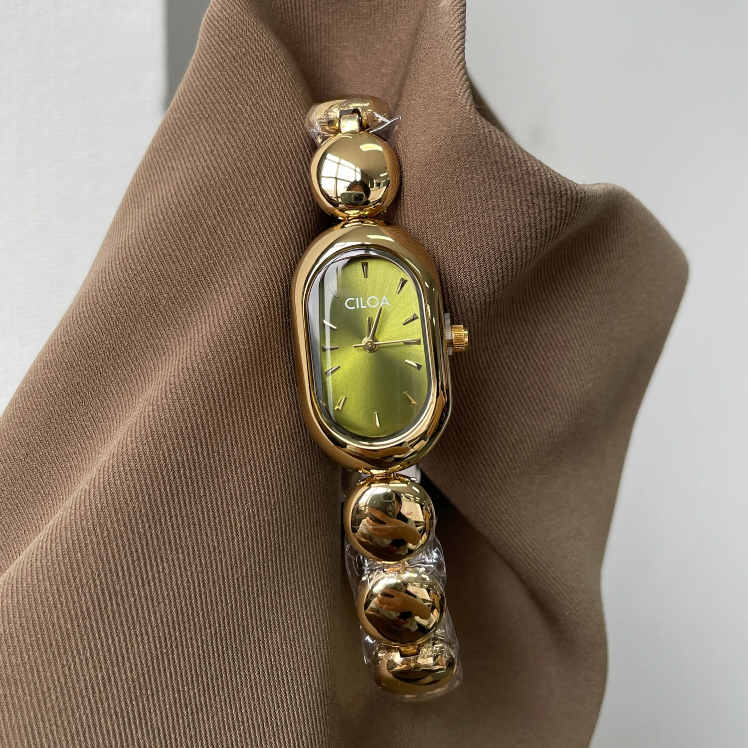 CILOA Women's Oval Beaded Bracelet Watch Multi Color Dial Option Gold Silver Available Minimalist Bangle Quartz Wristwatch