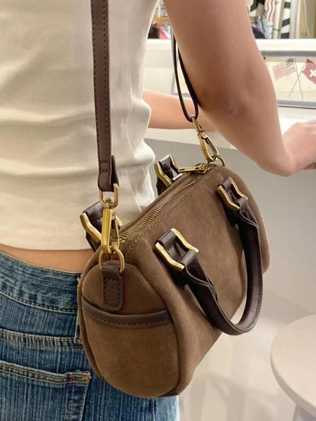 Bolso de hombro de ante de imitación Vintage americano para mujer, bolsos de alta calidad para mujer, estilo escolar, bolsos de moda de calle, 2024