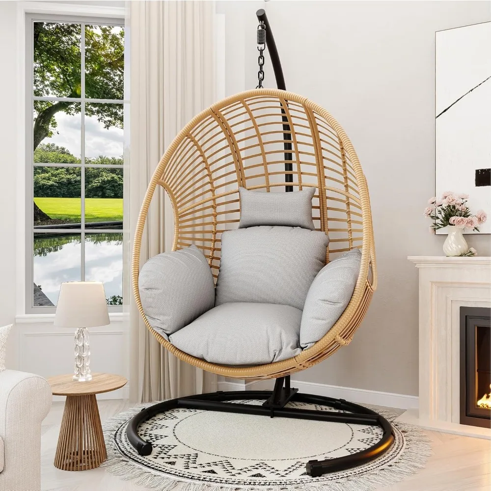 

Oversized Hanging Egg Chair Outdoor Wicker Swing Chair with Stand Rain Cover UV Resistant Cushion 400lbs Capacity for Patio, Gar