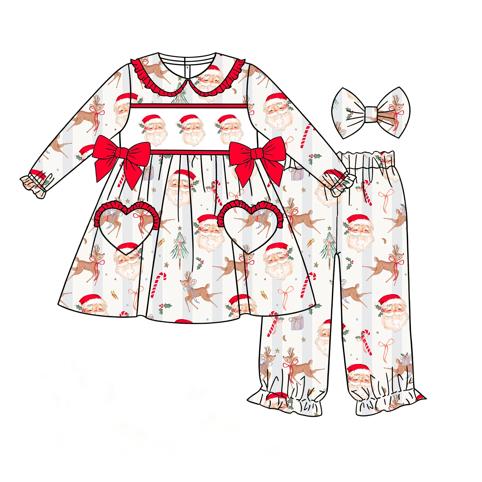 Boutique Girls' and Boys' Sets Lapel Ruffle Long-style Love Bow Decoration Pocket Christmas Candy Print custom wholesale
