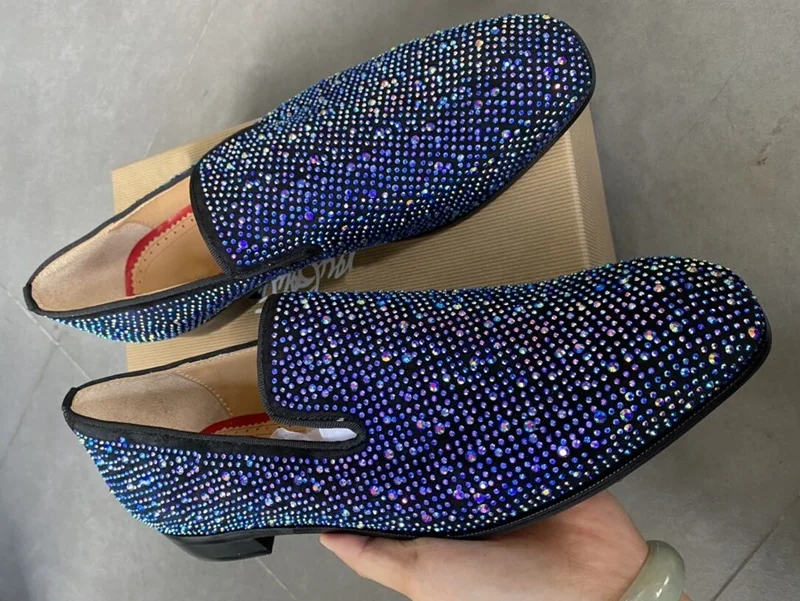 Royal Blue Rhinestone Loafers Luxury Evening Formal Men Dress Shoes Slip On Leather Flats Party Wedding Shoes view 2