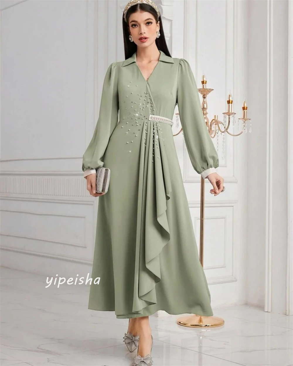 Chiffon Draped Pleat Beading Evening A-line V-Neck Bespoke Occasion Gown Midi Dresses