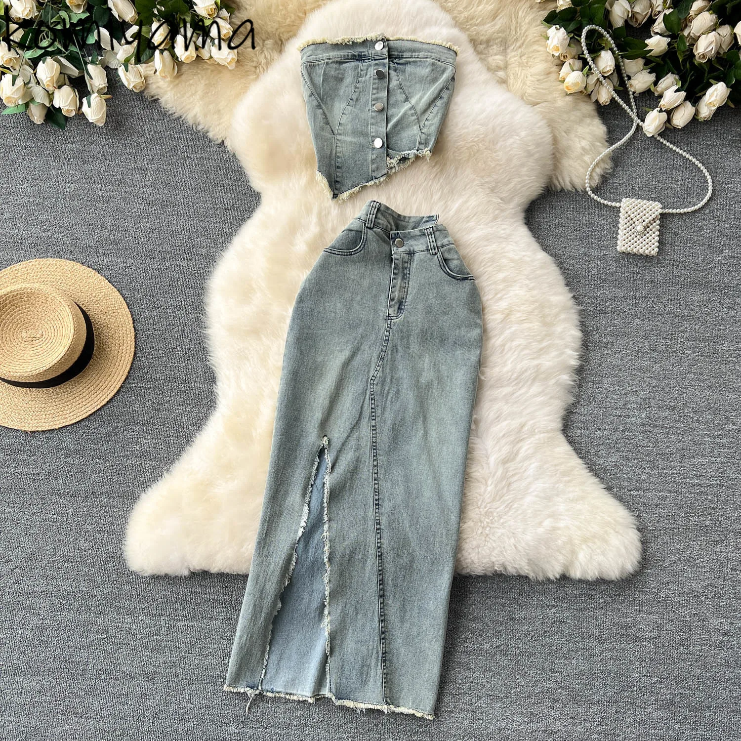 

Pure Desire Spicy Girl Style Denim 2 Piece Sets Woman Irregular Tops High Waist Bodycon Split Skirt Summer 2025 Sexy Suit