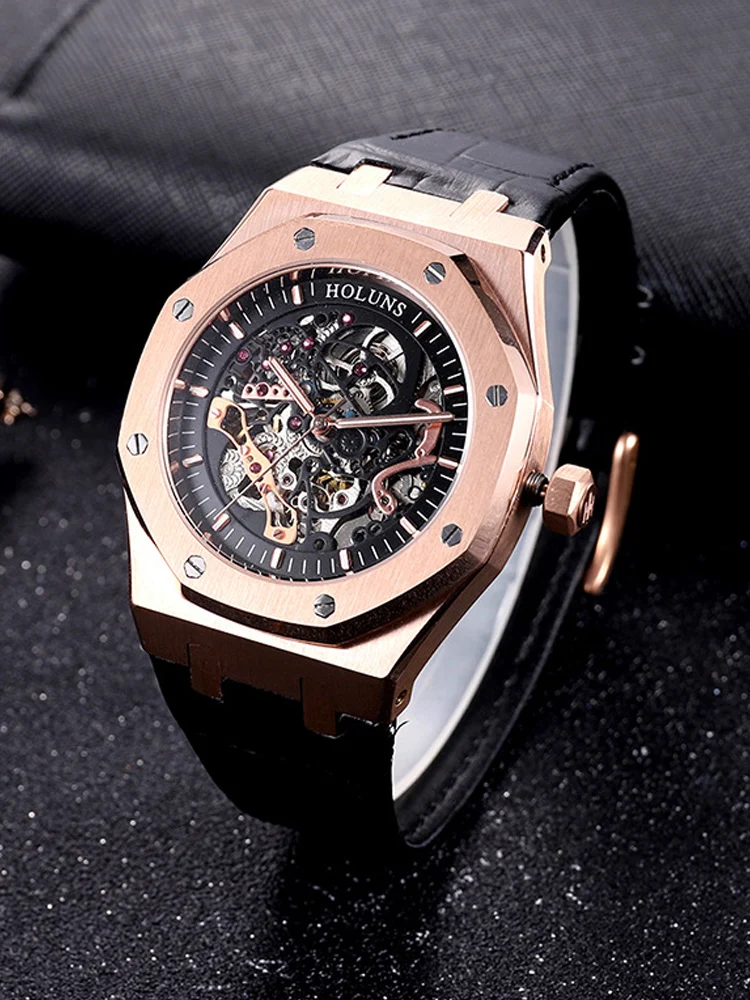 2024 automatic mechanical watch calendar watch silicone band hollowed out mechanical men\'s watch waterproof watch