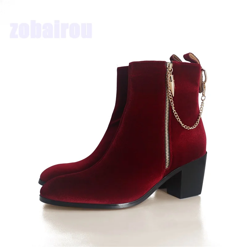 

Gold Chain Decoration Red Suede Boots Ankle Strap Side Gold Zipper Men Chelsea Boots Handmade Men Shoes