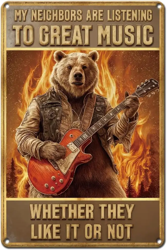 Rock Bear Metal Tin Signs Guitar Fire Retro Decor Tin Signs Metal Poster Iron Wall Art Decoration for Bars Livehouse Cafe Pubs R