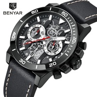 BENYAR 5197 Fashion Design Men's Quartz Watch LD53 Waterproof Chronometer Calendar Night Light Casual Leather Strap Men's Watch
