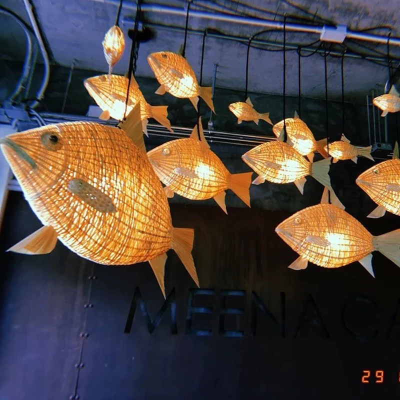 

2026 Hot Indoor Ocean-Themed Bamboo Flying Fish Pendant Light with ABS and Metal Base and Handcrafted Weaving Technique