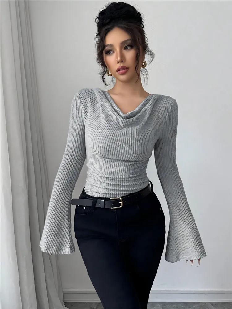 Women Off Shoulder Ribbed Long Sleeve Knit Shirts Slim Sexy Commuter Blouse Basic Tops Casual Daily Fashion Ladies Streetwear