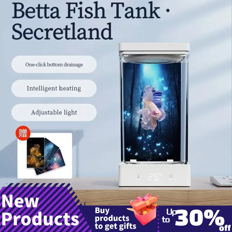 1.6L Betta Fish Tank Desktop Mini Aquarium Light Intelligent Temperature Control Ecological Self-circulating for Desktop Decor