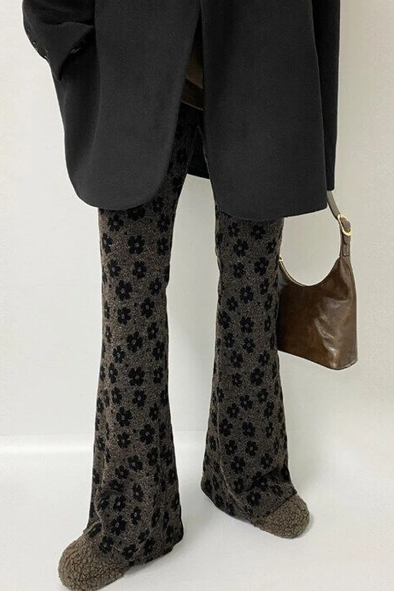 East Gate 2025 Autumn Winter New Sle Retro Print Small Flower Tight Elastic Waist Flared Pants Women Casual Long Pants