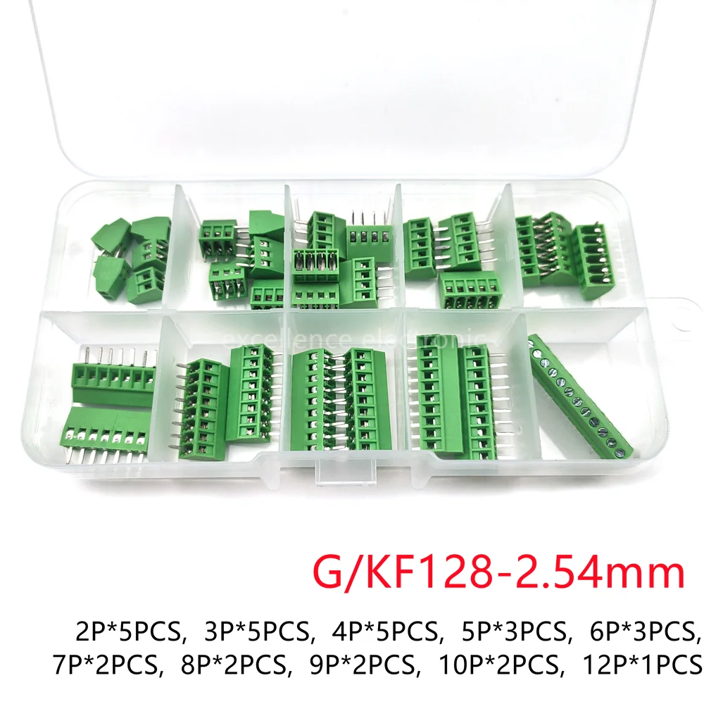 30PCS G/KF128 2.54mm Pitch PCB Screw Terminal Block Connector 150V 6A PCB Mount Kit For Wires 2P 3P 4P 5P 6P 7P 8P 9P 10P 12P