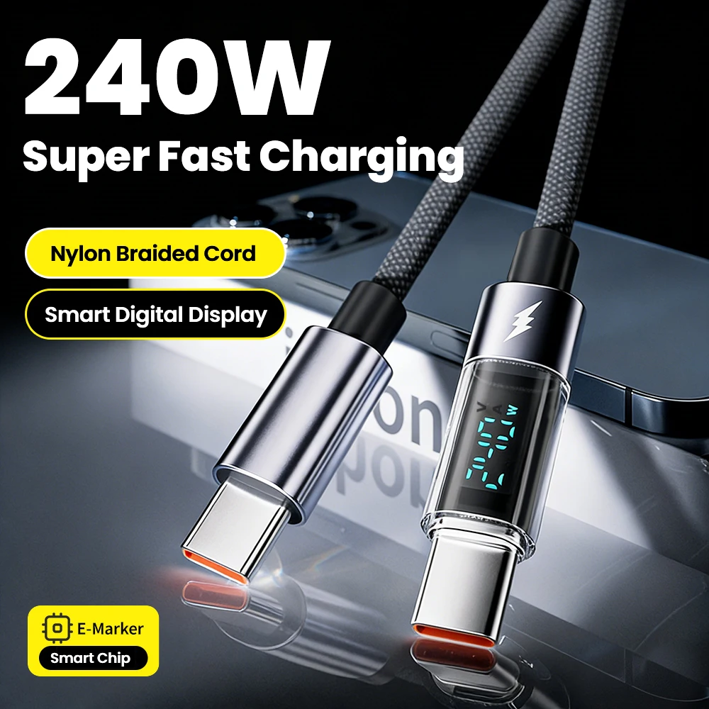 240W 3 Digital Display Type C to Type C Cable for iPhone 17 15 16  Huawei 48V 5A USB C to USB C Cable for Tablet Computer