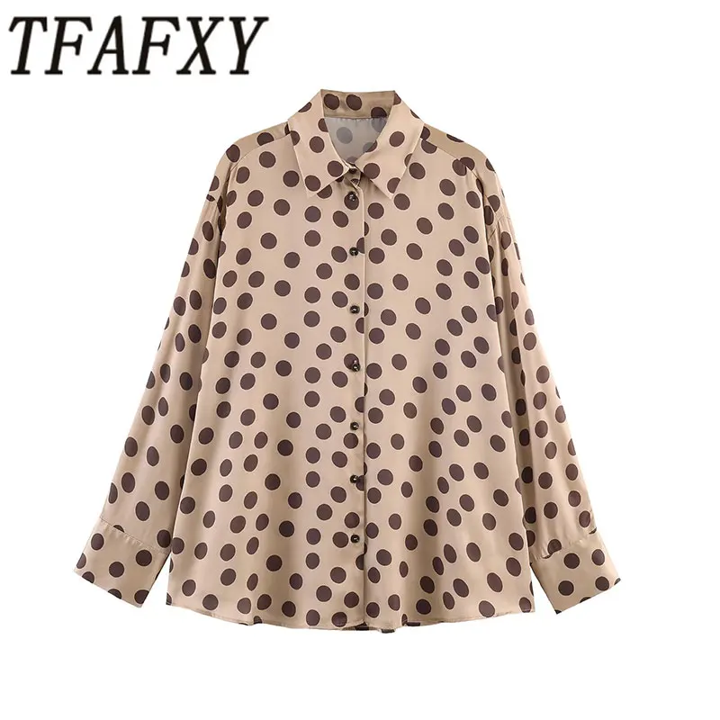 TFAFXY 2026 Frühling Damen Polka Dot Lockere Bluse mit Umlegekragen, Knöpfen, Langen Ärmeln, Lässiges Hemd, Büro-Mode-Oberteil Y2K