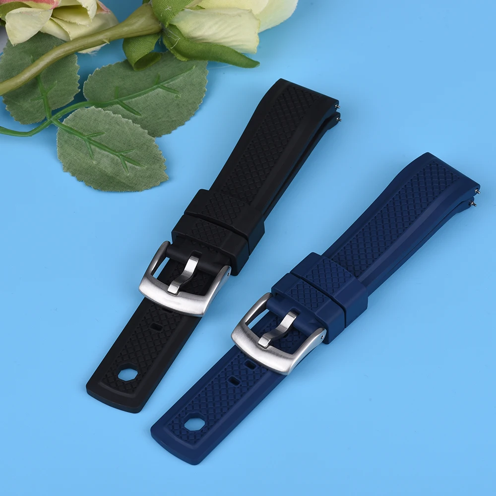 20mm 22mm FKM Vulcanized Rubber Watch Band Quick Release Sport Strap, Slide Keeper Waterproof Black Blue for Diving Fitness