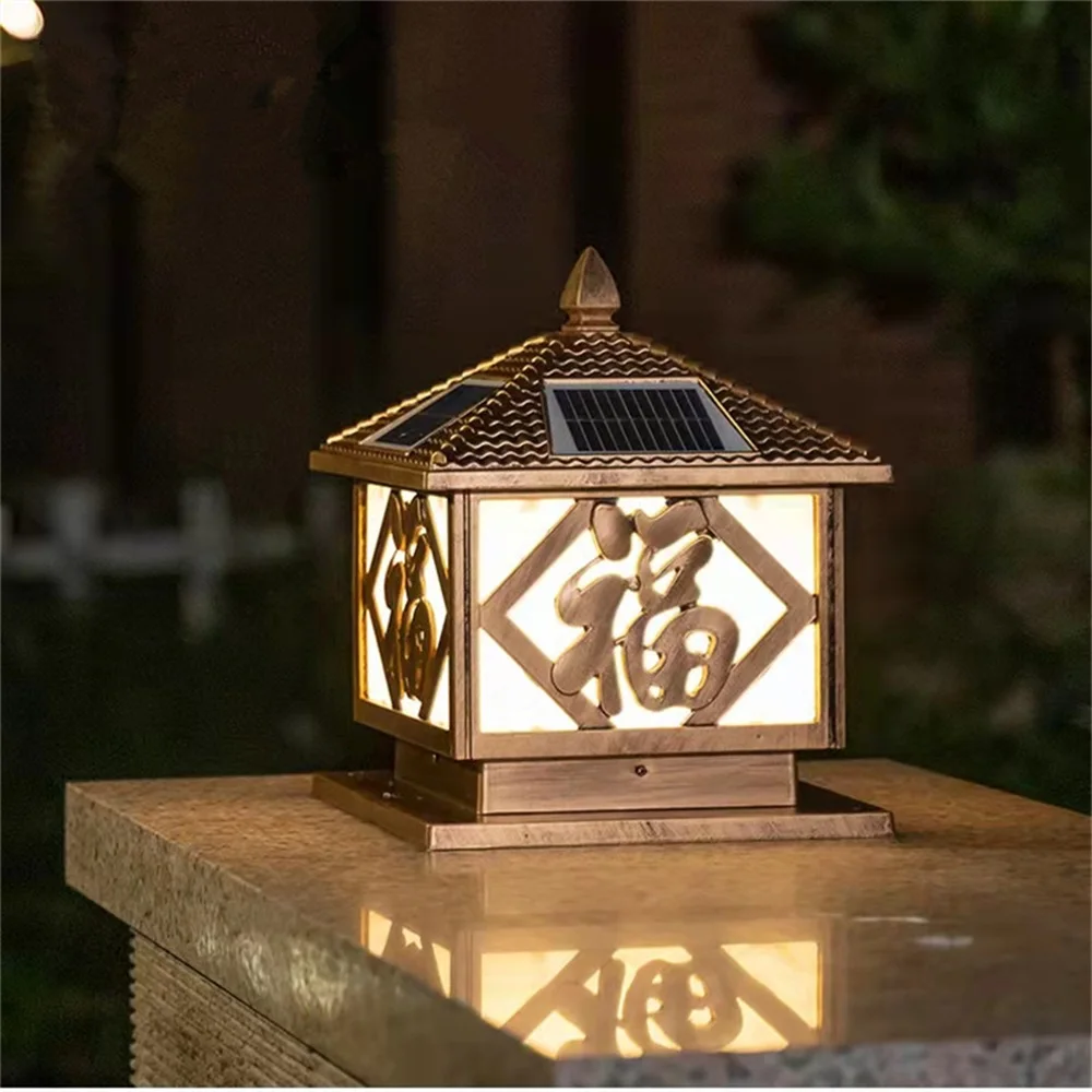 TYLA Outdoor Solar LED Waterproof Bronze Pillar Post Lamp Fixtures for Home Courtyard Garden Light