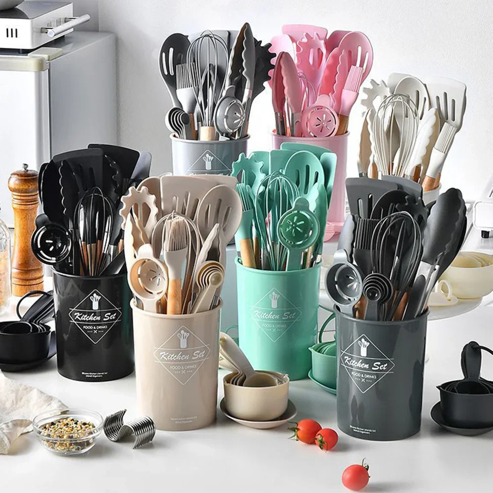 34pcs/set Silicone Wooden Handle Kitchenware Utensil Shovel Soup Spoon Scraper Food Clip with Storage Bucket Kitchen Cooking Set