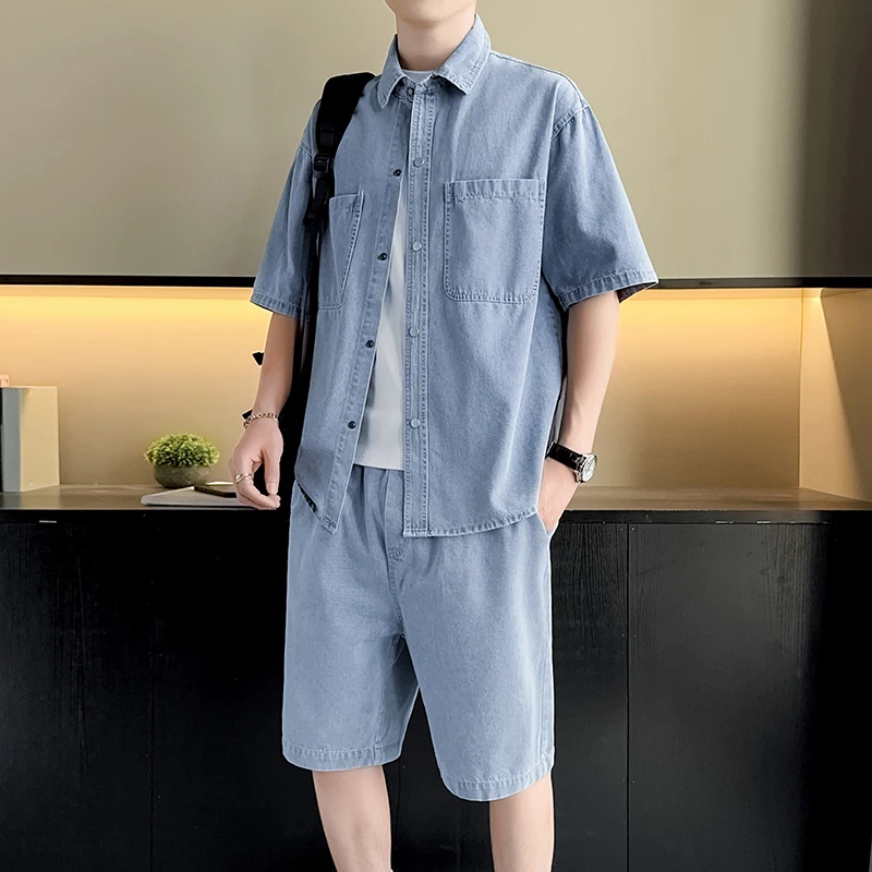 

（denim Shirts+shorts） 2026 Summer Men Fashion Casual Two-Piece solid color Sets Men's Chinese style High-Quality Shirts